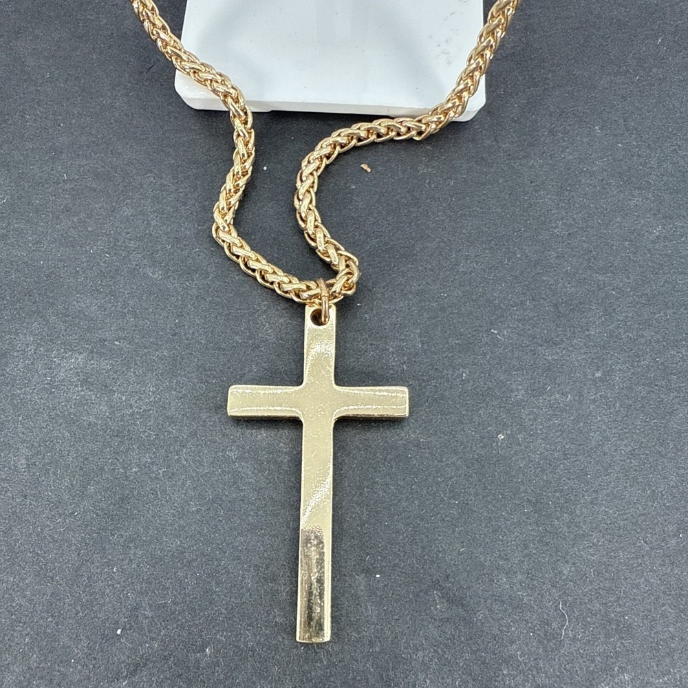 Gold Tone Cross Necklace 15" Front Clip Chain Chunky Link Christian - Picture 2 of 10